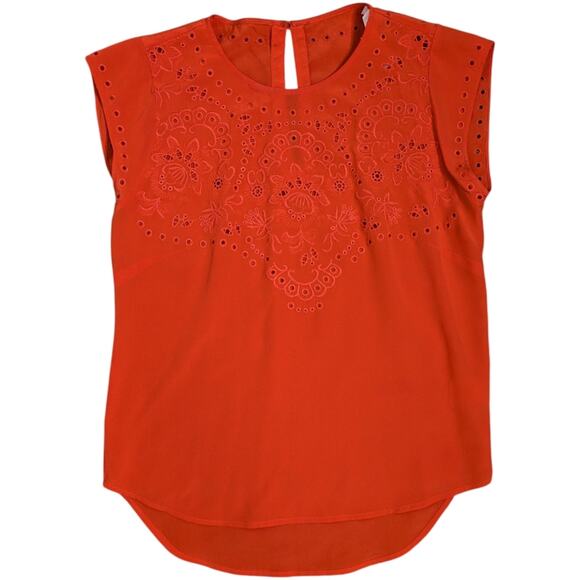 Veronica Beard 100% Silk Eyelet Coral Red Top Womens 2 Keyhole Back Short Sleeve - Picture 1 of 9